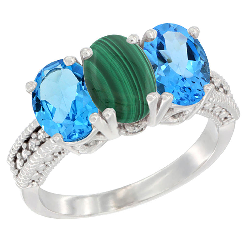 10K White Gold Natural Malachite &amp; Swiss Blue Topaz Sides Ring 3-Stone Oval 7x5 mm Diamond Accent, sizes 5 - 10