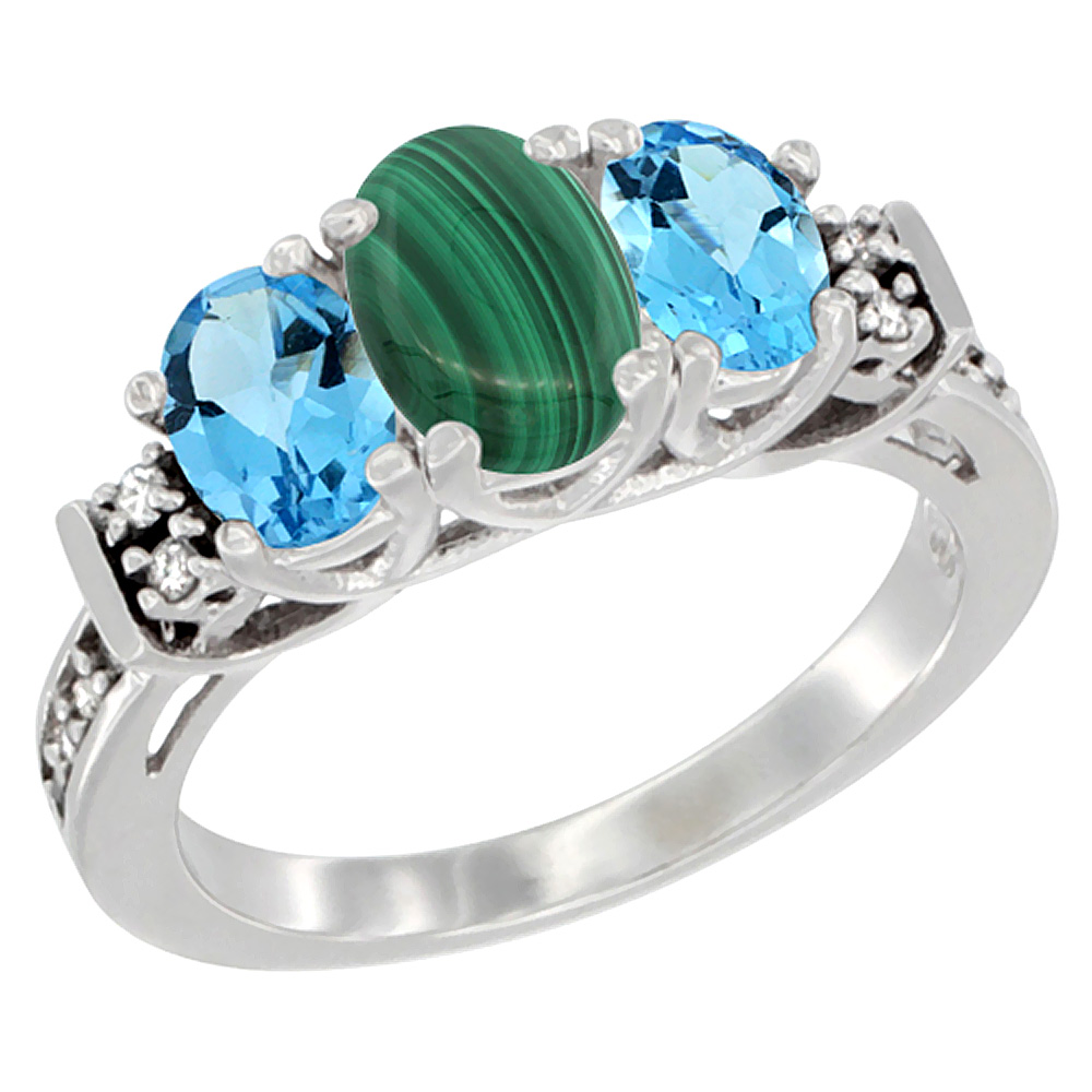 14K White Gold Natural Malachite & Swiss Blue Topaz Ring 3-Stone Oval Diamond Accent, sizes 5-10