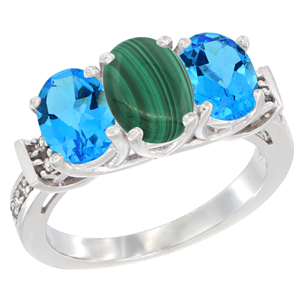 10K White Gold Natural Malachite & Swiss Blue Topaz Sides Ring 3-Stone Oval Diamond Accent, sizes 5 - 10