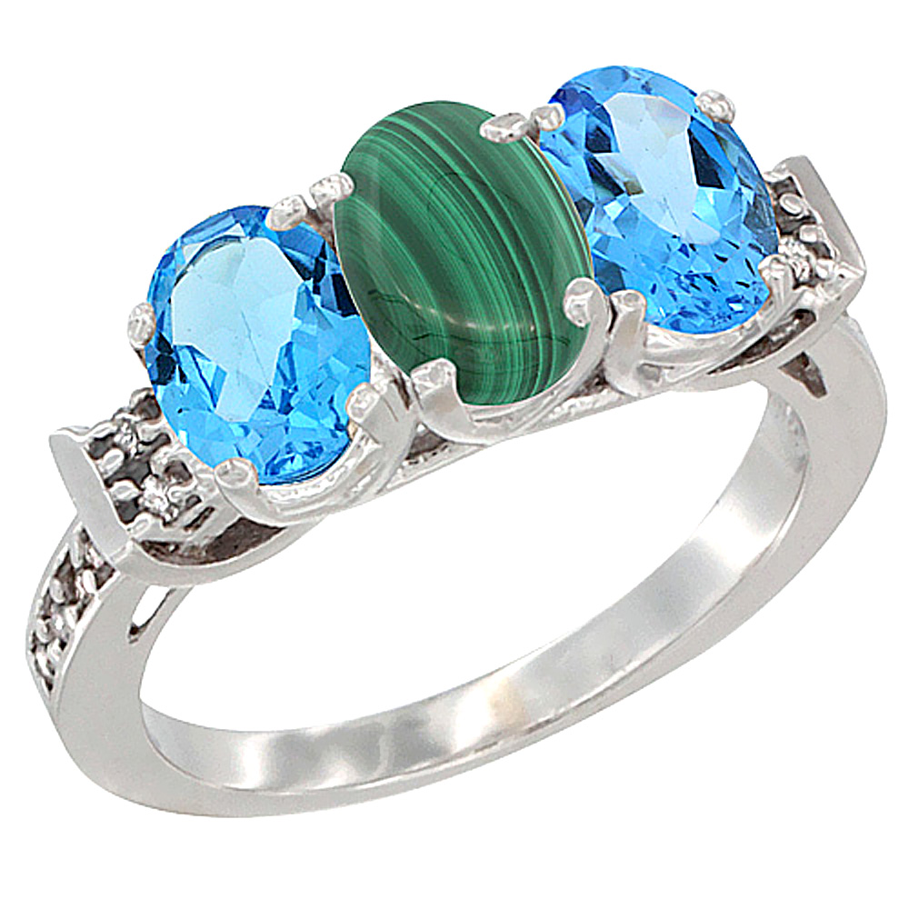 14K White Gold Natural Malachite & Swiss Blue Topaz Sides Ring 3-Stone 7x5 mm Oval Diamond Accent, sizes 5 - 10