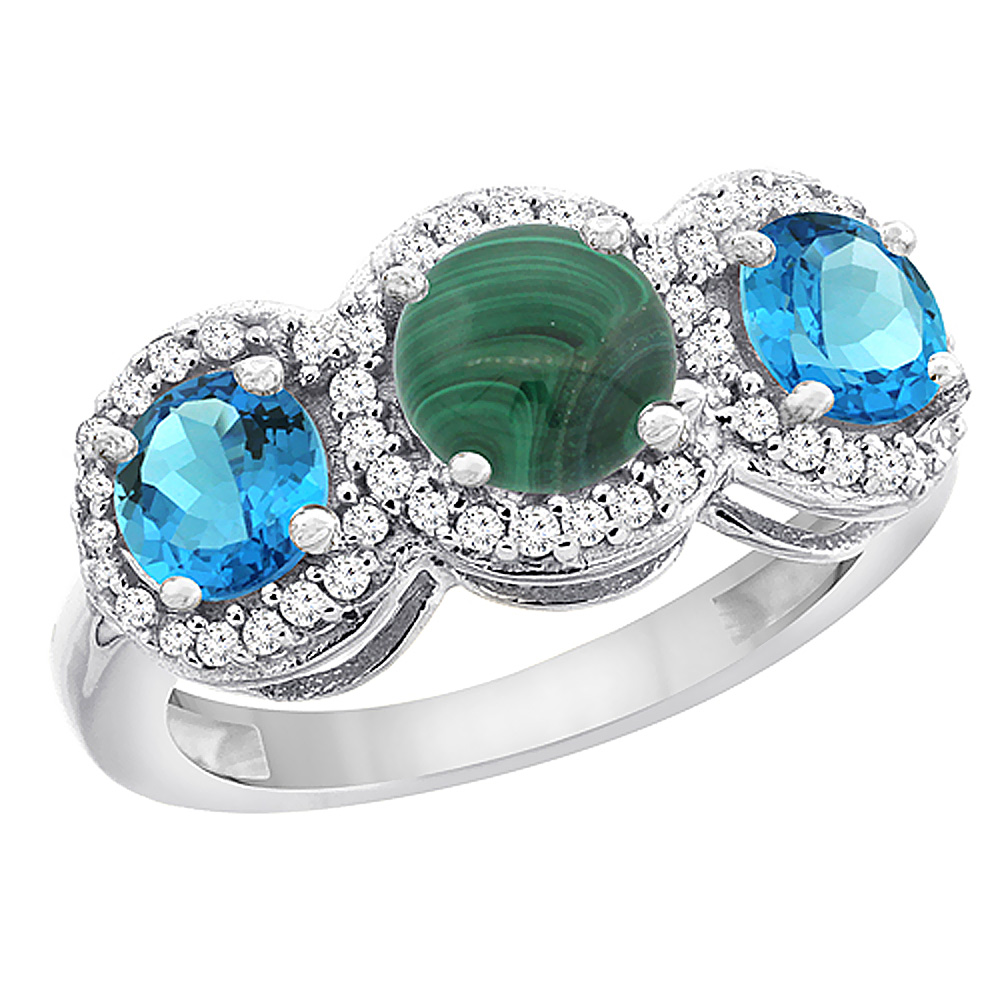 14K White Gold Natural Malachite &amp; Swiss Blue Topaz Sides Round 3-stone Ring Diamond Accents, sizes 5 - 10