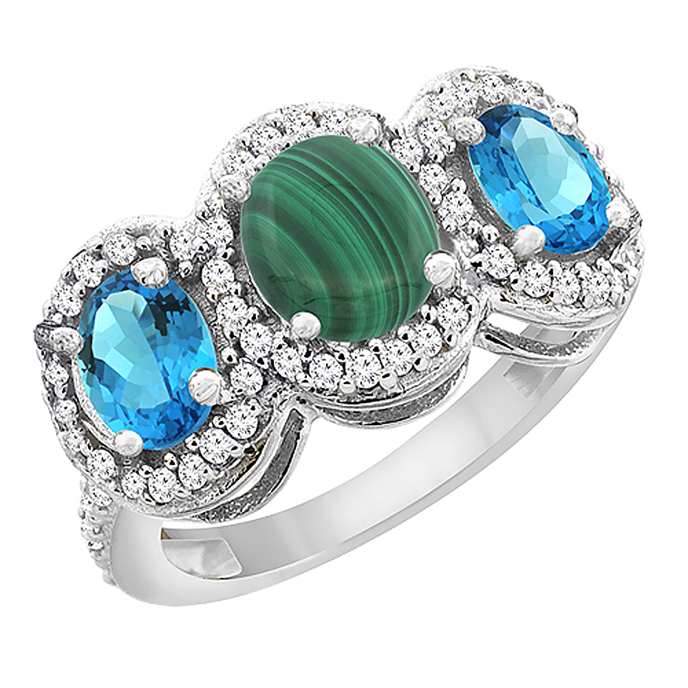 14K White Gold Natural Malachite & Swiss Blue Topaz 3-Stone Ring Oval Diamond Accent, sizes 5 - 10