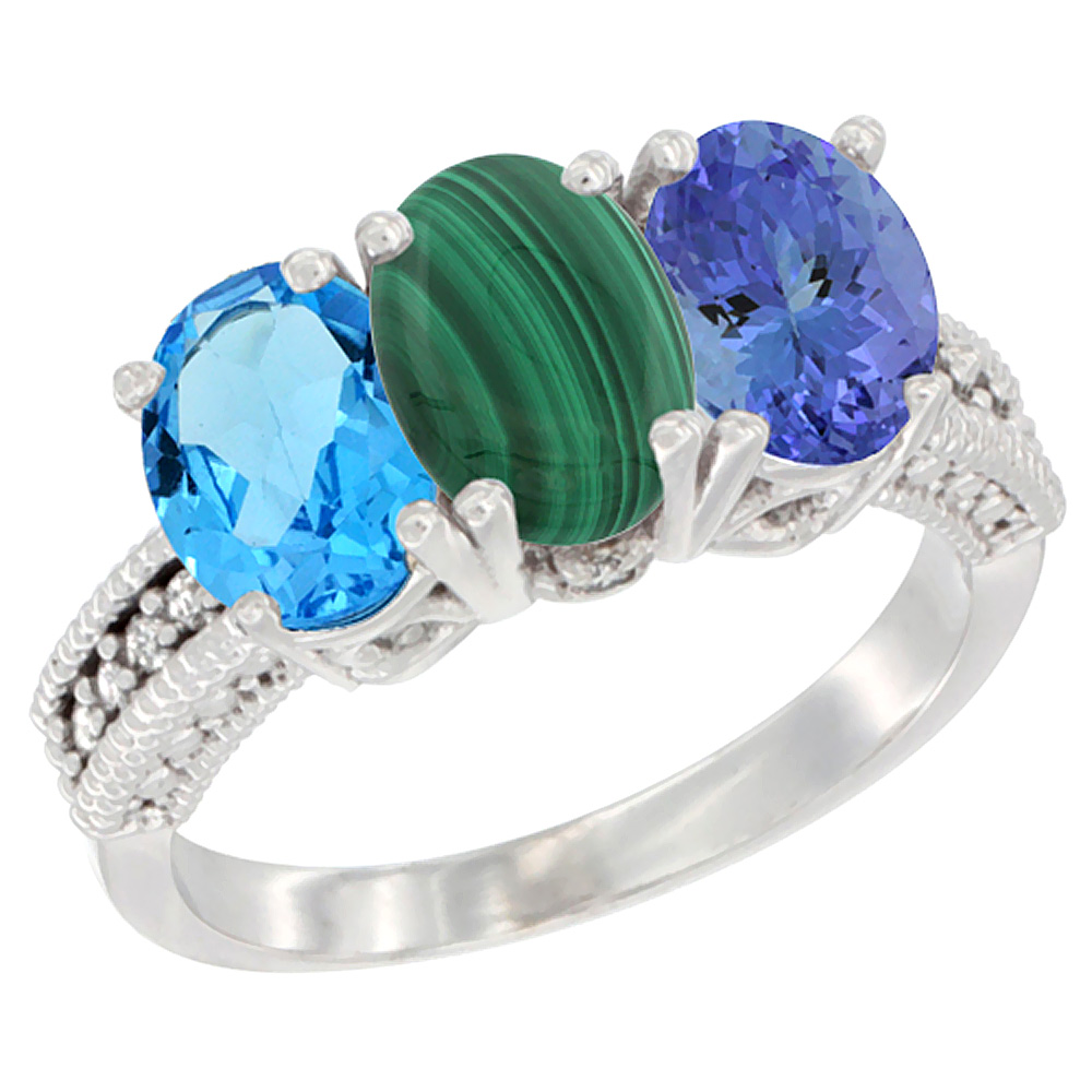 10K White Gold Natural Swiss Blue Topaz, Malachite &amp; Tanzanite Ring 3-Stone Oval 7x5 mm Diamond Accent, sizes 5 - 10