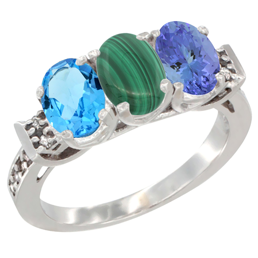 14K White Gold Natural Swiss Blue Topaz, Malachite &amp; Tanzanite Ring 3-Stone 7x5 mm Oval Diamond Accent, sizes 5 - 10