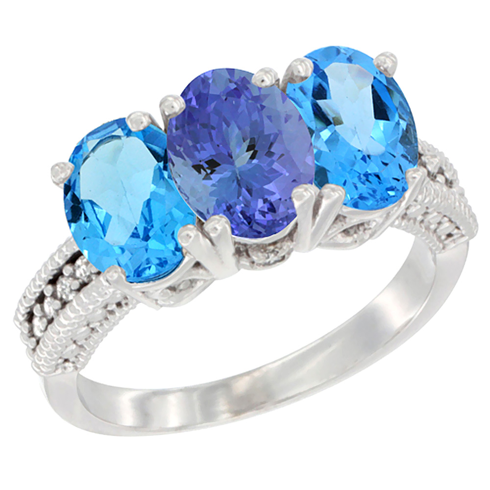 14K White Gold Natural Tanzanite &amp; Swiss Blue Topaz Sides Ring 3-Stone 7x5 mm Oval Diamond Accent, sizes 5 - 10