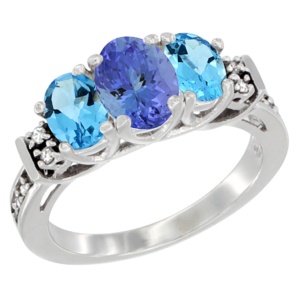 14K White Gold Natural Tanzanite & Swiss Blue Topaz Ring 3-Stone Oval Diamond Accent, sizes 5-10