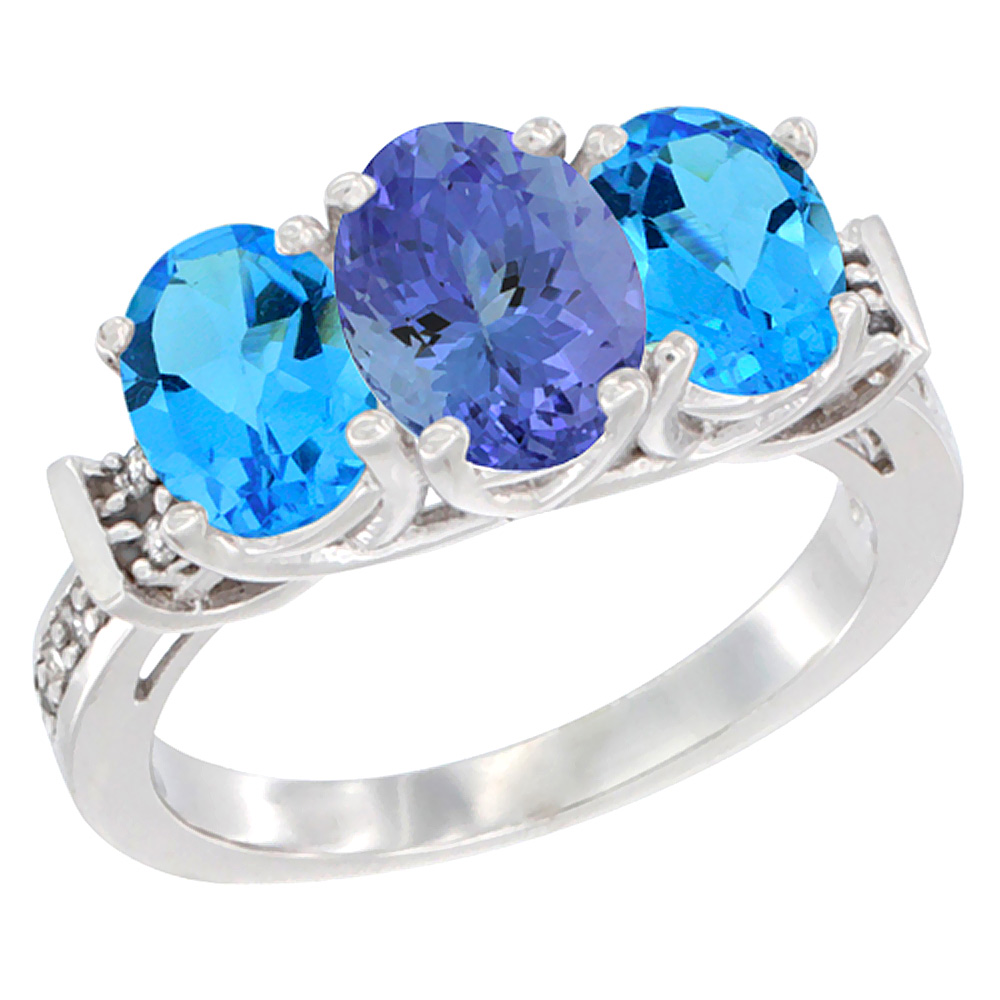 14K White Gold Natural Tanzanite &amp; Swiss Blue Topaz Sides Ring 3-Stone Oval Diamond Accent, sizes 5 - 10