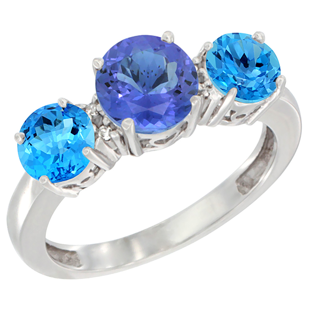 14K White Gold Round 3-Stone Natural Tanzanite Ring &amp; Swiss Blue Topaz Sides Diamond Accent, sizes 5 - 10