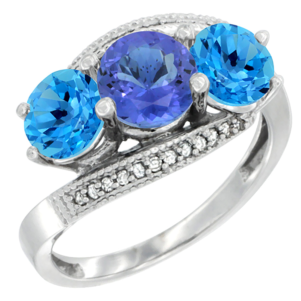 14K White Gold Natural Tanzanite &amp; Swiss Blue Topaz Sides 3 stone Ring Round 6mm Diamond Accent, sizes 5 - 10