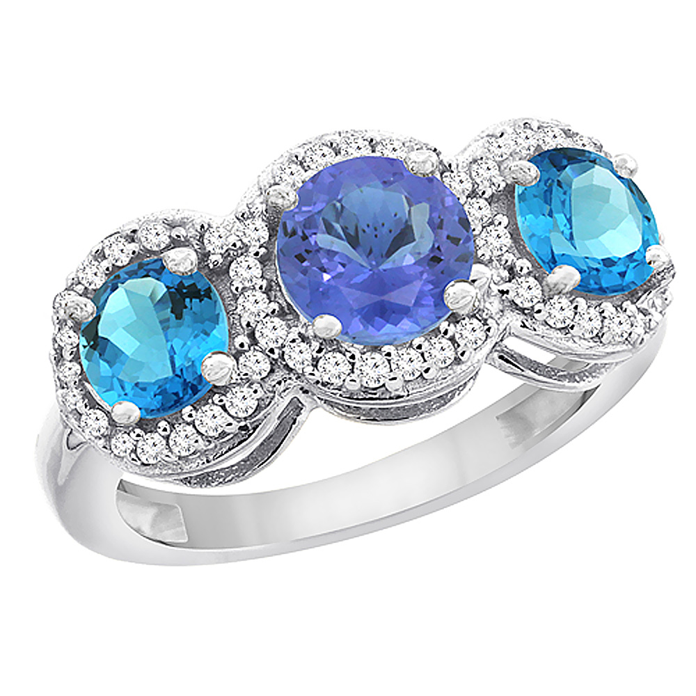 14K White Gold Natural Tanzanite &amp; Swiss Blue Topaz Sides Round 3-stone Ring Diamond Accents, sizes 5 - 10