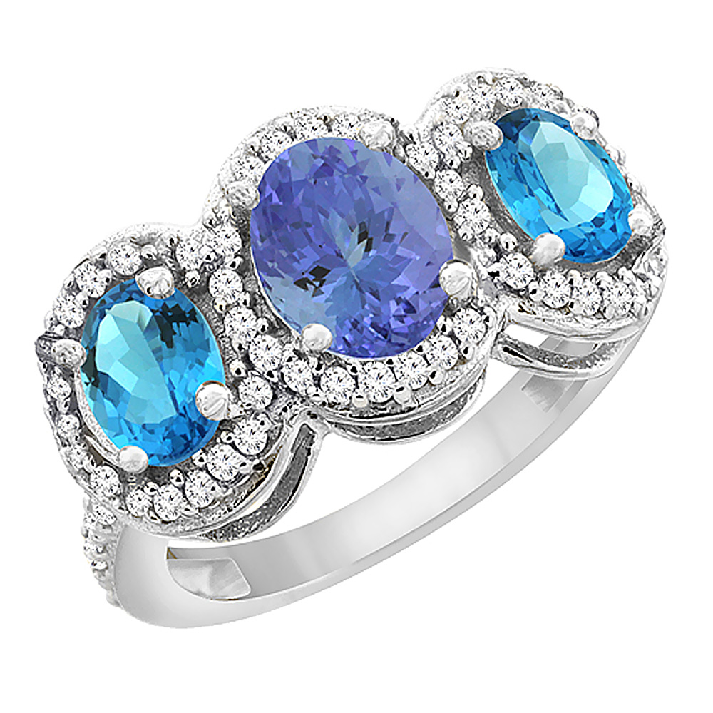 14K White Gold Natural Tanzanite &amp; Swiss Blue Topaz 3-Stone Ring Oval Diamond Accent, sizes 5 - 10