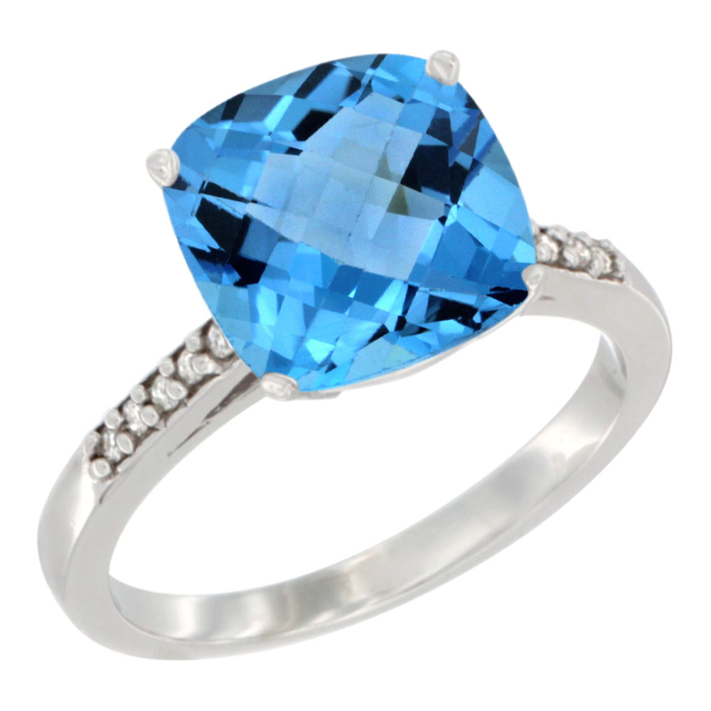 10K Yellow Gold Natural Swiss Blue Topaz Ring Cushion-cut 9 mm Diamond accent, sizes 5 - 10