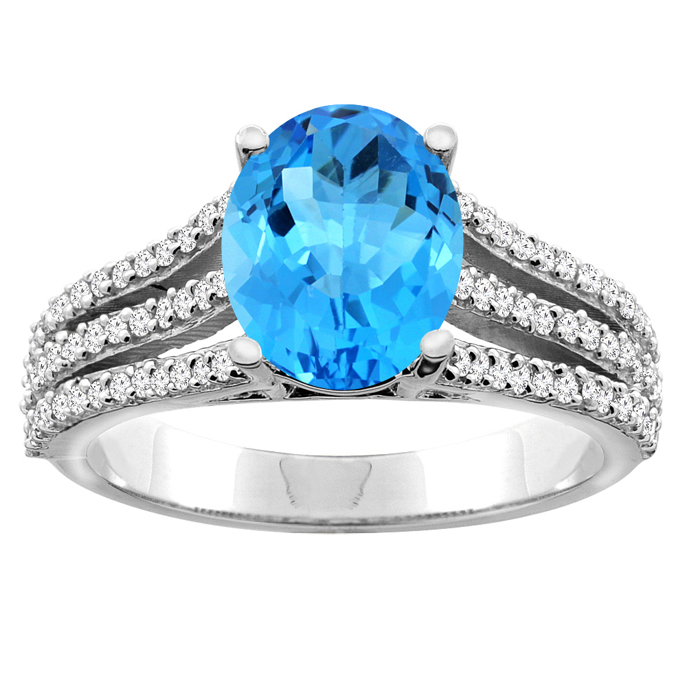 10K White/Yellow Gold Natural Swiss Blue Topaz Tri-split Ring Oval 9x7mm Diamond Accents, sizes 5 - 10