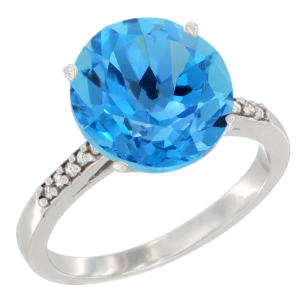 10K White Gold Natural Swiss Blue Topaz Ring Round 10mm Diamond accent, sizes 5 - 10