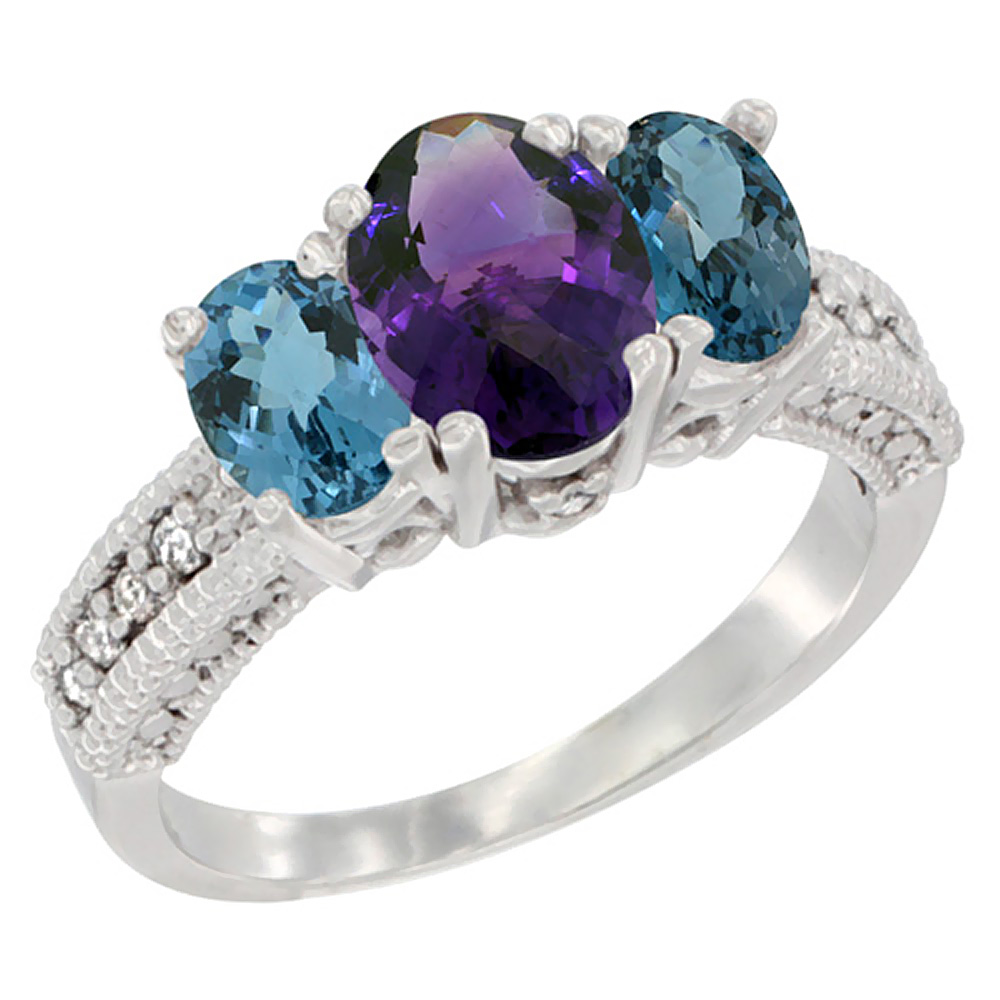 14K White Gold Diamond Natural Amethyst Ring Oval 3-stone with London Blue Topaz, sizes 5 - 10