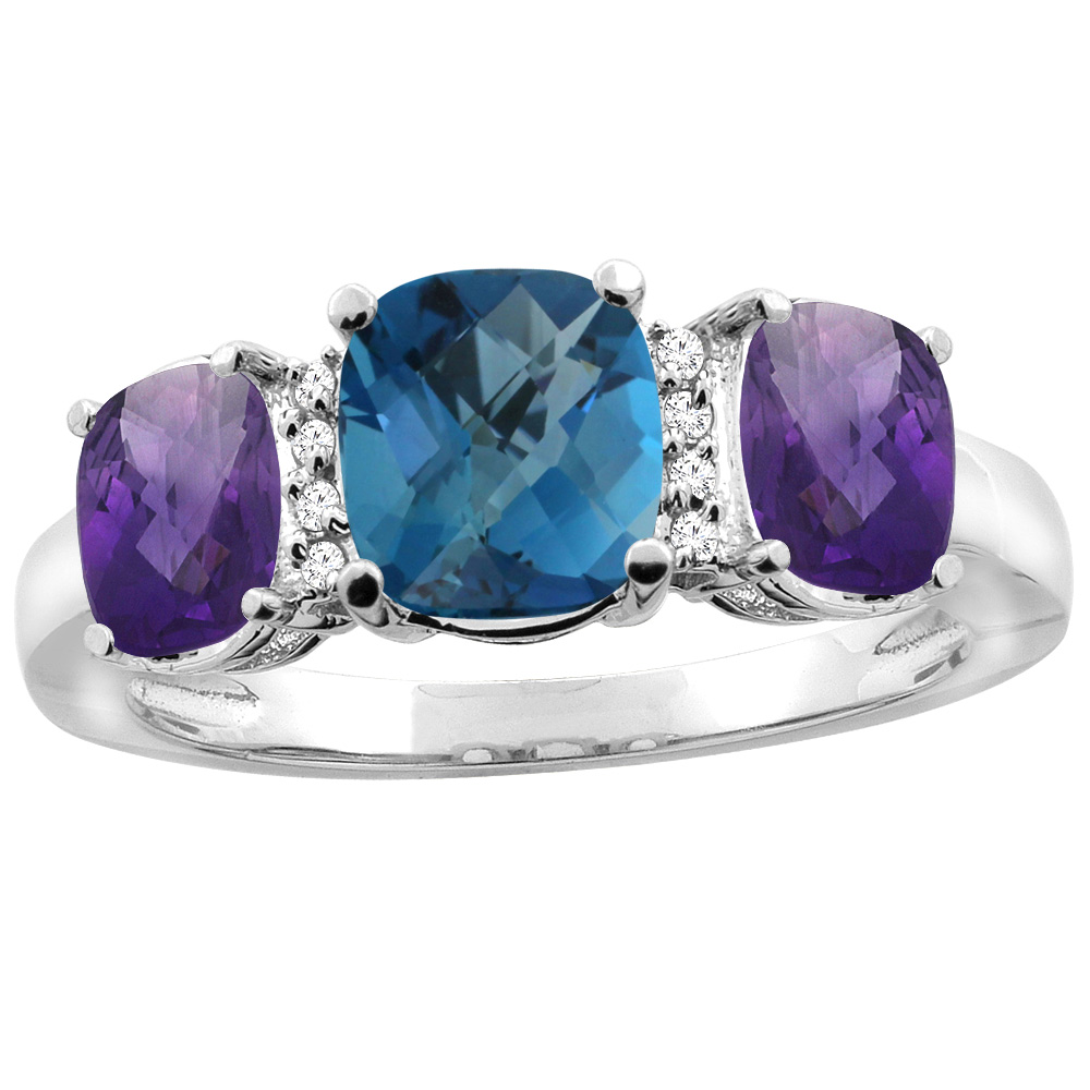 14K White Gold Natural London Blue Topaz & Amethyst 3-stone Ring Cushion 8x6mm Diamond Accent, sizes 5 - 10