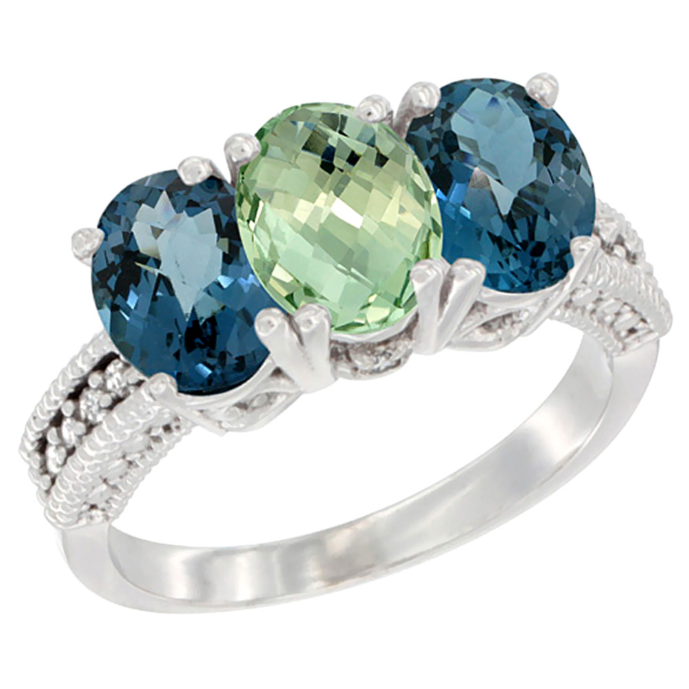 10K White Gold Natural Green Amethyst &amp; London Blue Topaz Sides Ring 3-Stone Oval 7x5 mm Diamond Accent, sizes 5 - 10