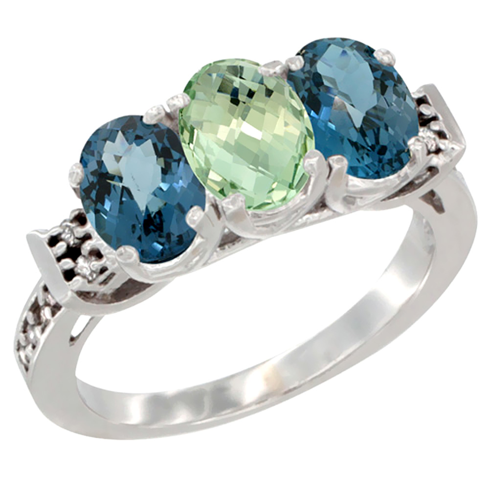 10K White Gold Natural Green Amethyst & London Blue Topaz Sides Ring 3-Stone Oval 7x5 mm Diamond Accent, sizes 5 - 10