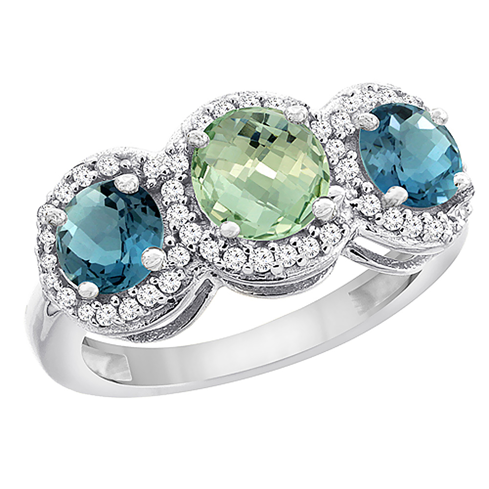 10K White Gold Natural Green Amethyst &amp; London Blue Topaz Sides Round 3-stone Ring Diamond Accents, sizes 5 - 10