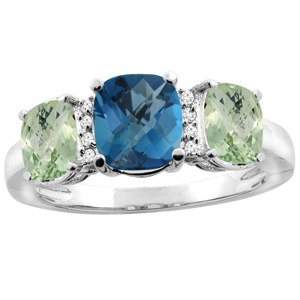 14K Yellow Gold Natural London Blue Topaz &amp; Green Amethyst 3-stone Ring Cushion 8x6mm Diamond Accent, sizes 5 - 10