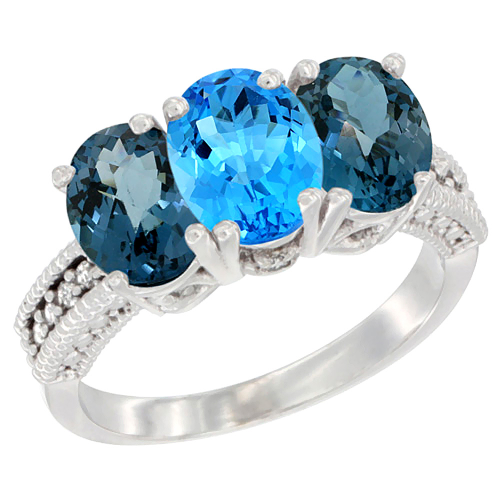 14K White Gold Natural Swiss Blue Topaz &amp; London Blue Topaz Sides Ring 3-Stone 7x5 mm Oval Diamond Accent, sizes 5 - 10