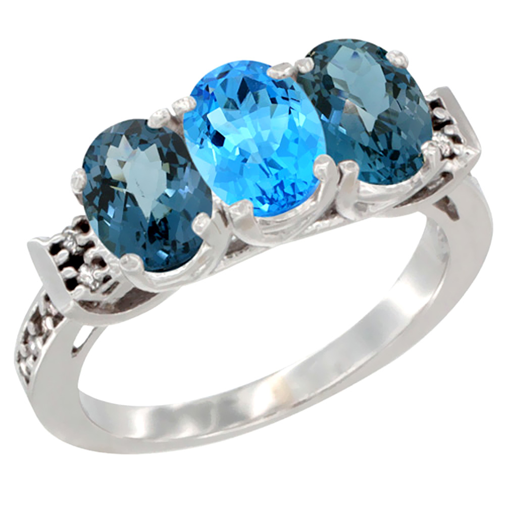 10K White Gold Natural Swiss Blue Topaz &amp; London Blue Topaz Sides Ring 3-Stone Oval 7x5 mm Diamond Accent, sizes 5 - 10