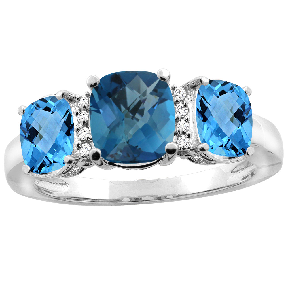 10K Yellow Gold Natural London Blue Topaz & Swiss Blue Topaz 3-stone Ring Cushion 8x6mm Diamond Accent, sizes 5 - 10