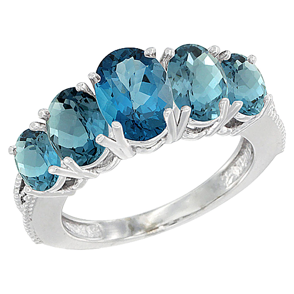 14K White Gold Diamond Natural London Blue Topaz Ring 5-stone Oval 8x6 Ctr,7x5,6x4 sides, sizes 5 - 10