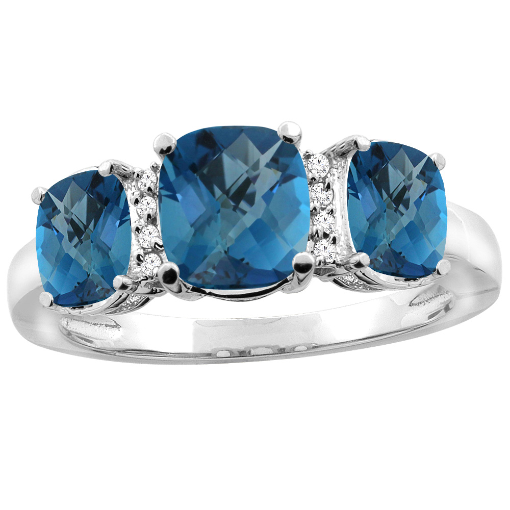 10K Yellow Gold Natural London Blue Topaz 3-stone Ring Cushion 8x6mm Diamond Accent, sizes 5 - 10