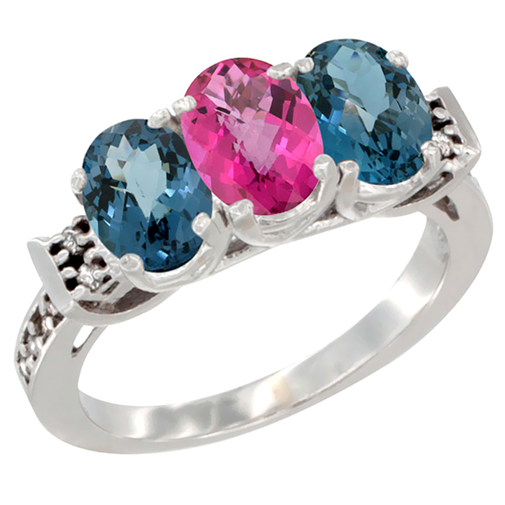 14K White Gold Natural Pink Topaz &amp; London Blue Topaz Sides Ring 3-Stone 7x5 mm Oval Diamond Accent, sizes 5 - 10