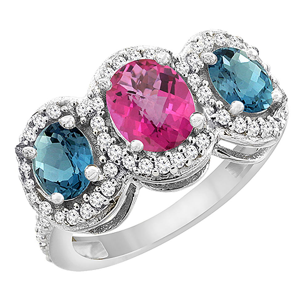 14K White Gold Natural Pink Topaz &amp; London Blue Topaz 3-Stone Ring Oval Diamond Accent, sizes 5 - 10