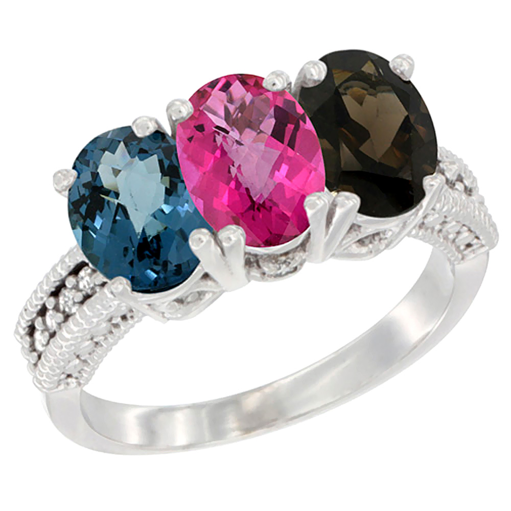 14K White Gold Natural London Blue Topaz, Pink Topaz & Smoky Topaz Ring 3-Stone 7x5 mm Oval Diamond Accent, sizes 5 - 10