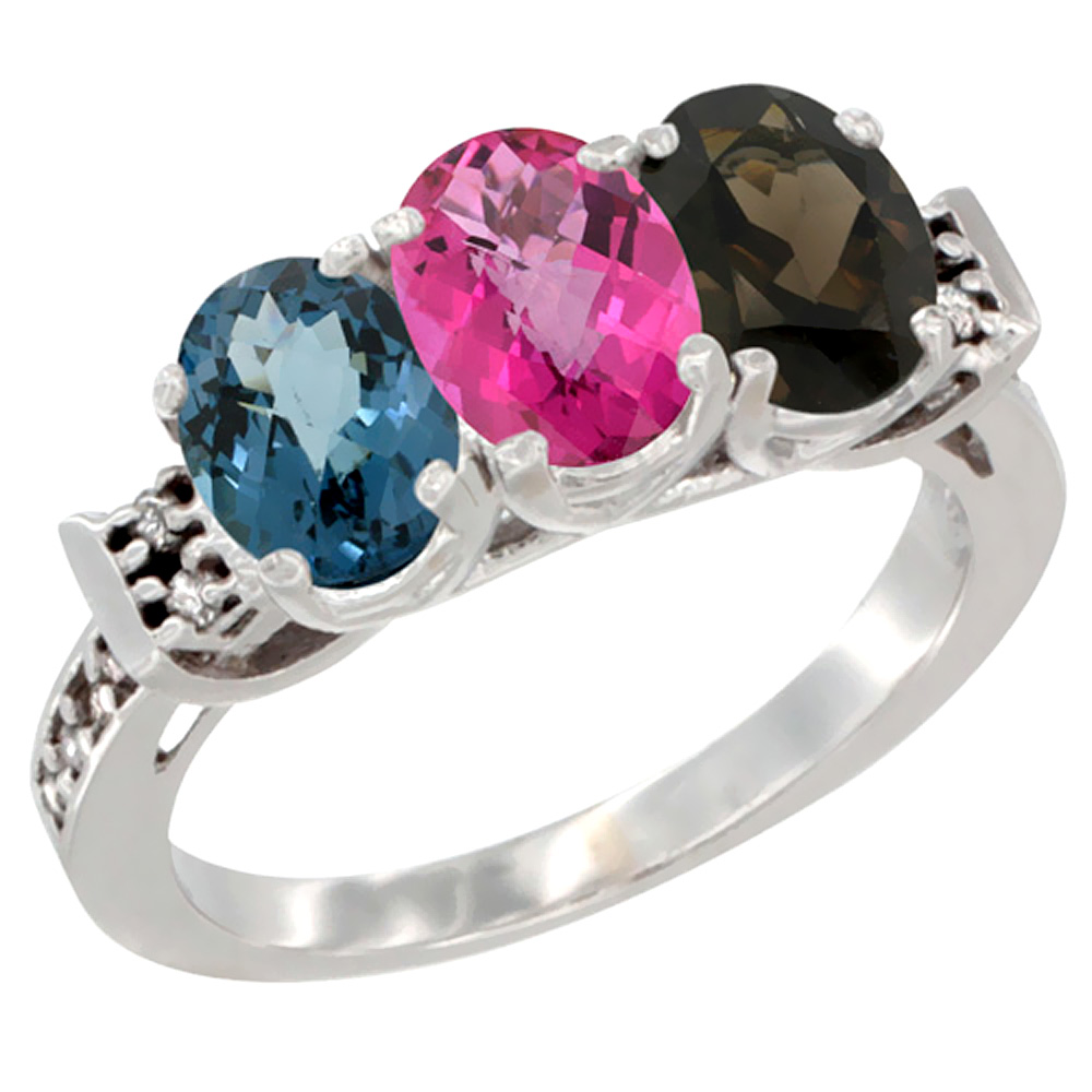 14K White Gold Natural London Blue Topaz, Pink Topaz & Smoky Topaz Ring 3-Stone 7x5 mm Oval Diamond Accent, sizes 5 - 10