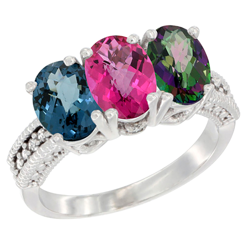 14K White Gold Natural London Blue Topaz, Pink Topaz & Mystic Topaz Ring 3-Stone 7x5 mm Oval Diamond Accent, sizes 5 - 10