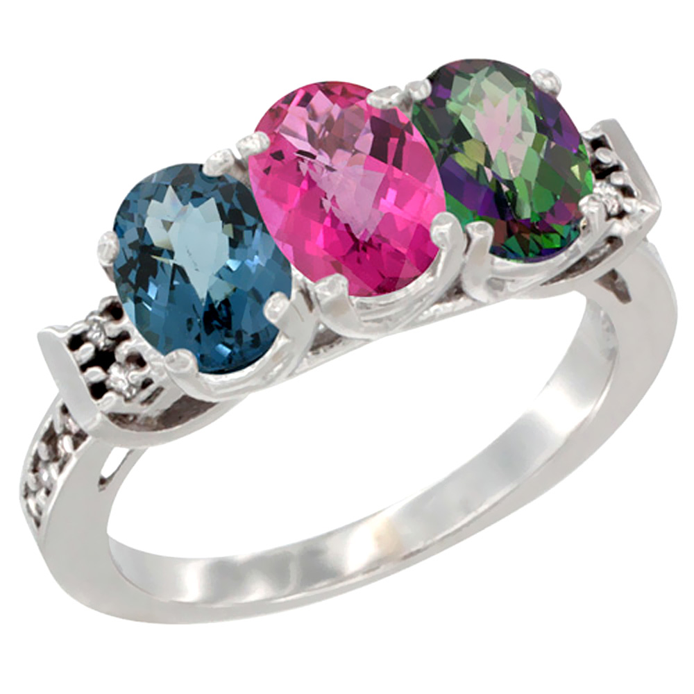 14K White Gold Natural London Blue Topaz, Pink Topaz & Mystic Topaz Ring 3-Stone 7x5 mm Oval Diamond Accent, sizes 5 - 10