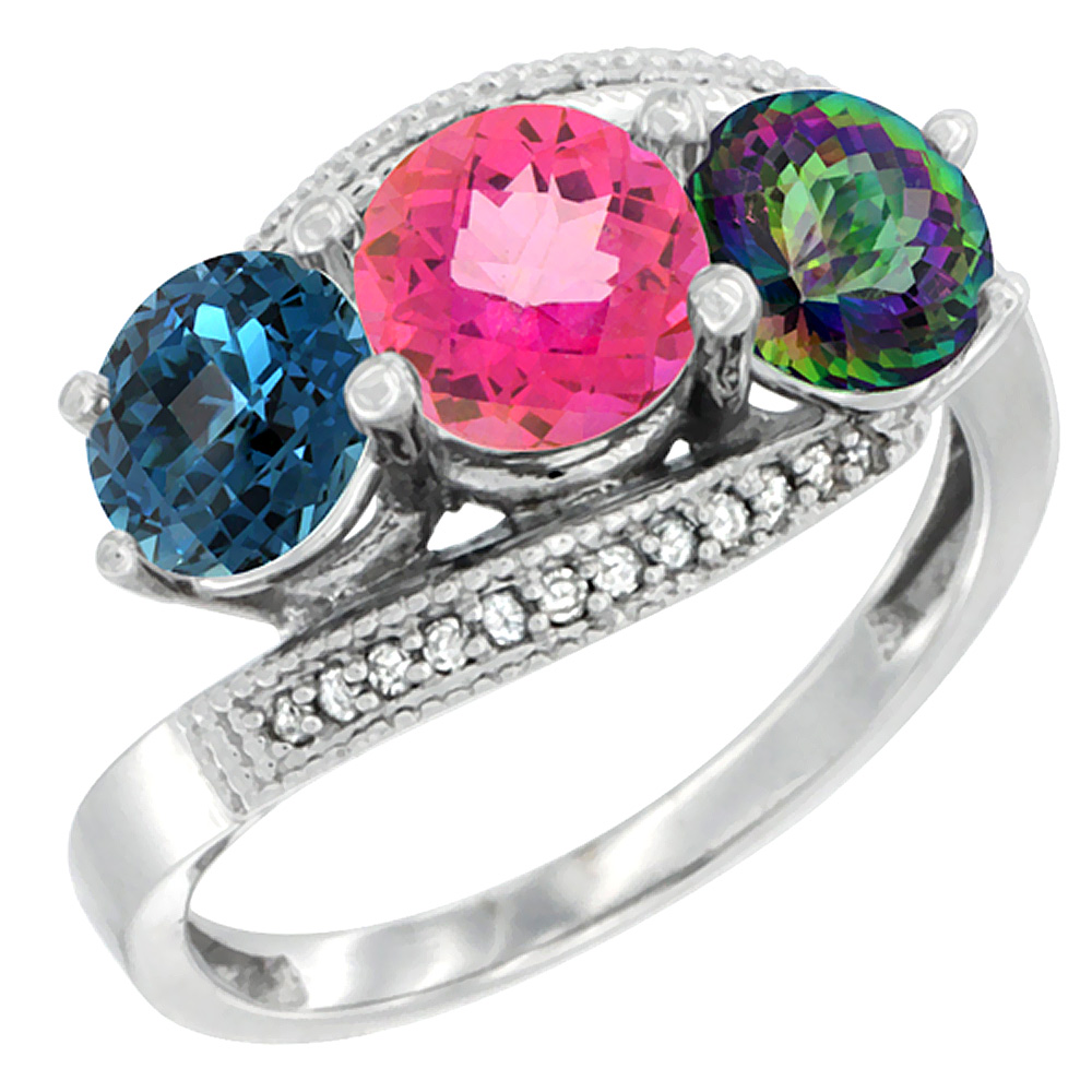 14K White Gold Natural London Blue Topaz, Pink & Mystic Topaz 3 stone Ring Round 6mm Diamond Accent, sizes 5 - 10