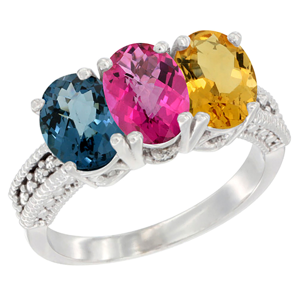 14K White Gold Natural London Blue Topaz, Pink Topaz & Citrine Ring 3-Stone 7x5 mm Oval Diamond Accent, sizes 5 - 10