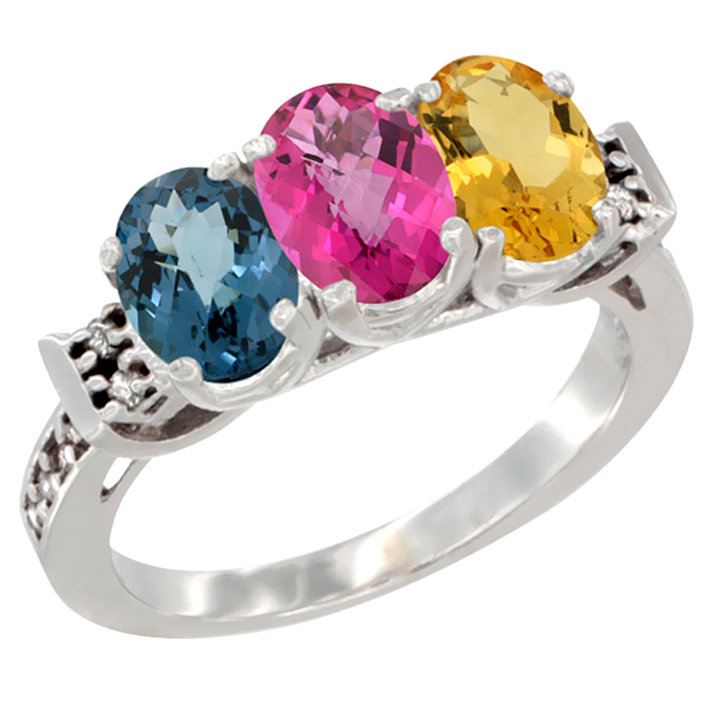 10K White Gold Natural London Blue Topaz, Pink Topaz &amp; Citrine Ring 3-Stone Oval 7x5 mm Diamond Accent, sizes 5 - 10