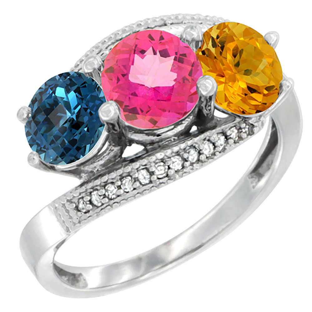 10K White Gold Natural London Blue Topaz, Pink Topaz &amp; Citrine 3 stone Ring Round 6mm Diamond Accent, sizes 5 - 10