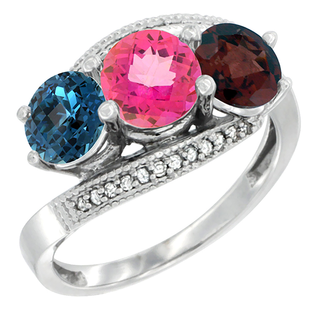 10K White Gold Natural London Blue Topaz, Pink Topaz & Garnet 3 stone Ring Round 6mm Diamond Accent, sizes 5 - 10