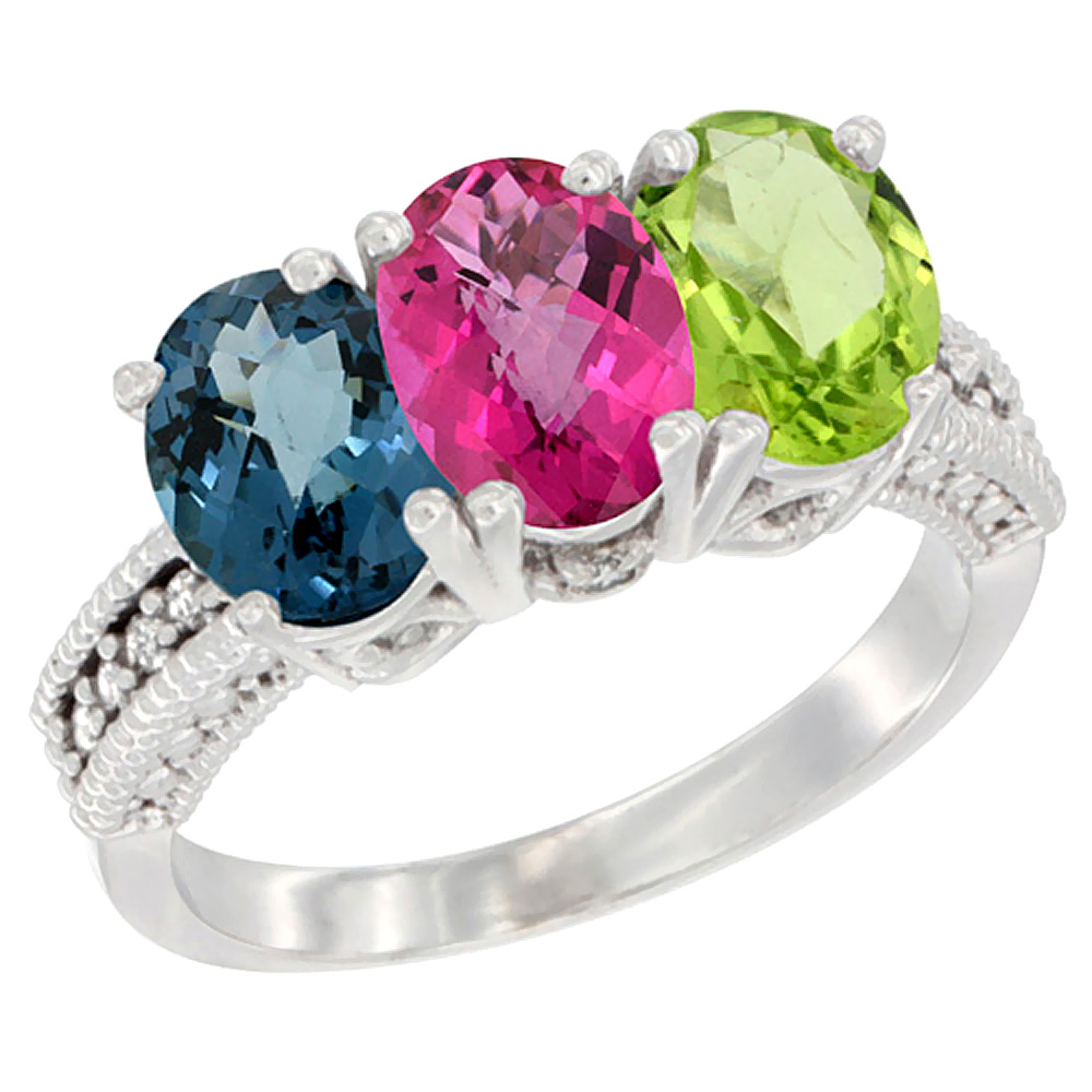 10K White Gold Natural London Blue Topaz, Pink Topaz &amp; Peridot Ring 3-Stone Oval 7x5 mm Diamond Accent, sizes 5 - 10