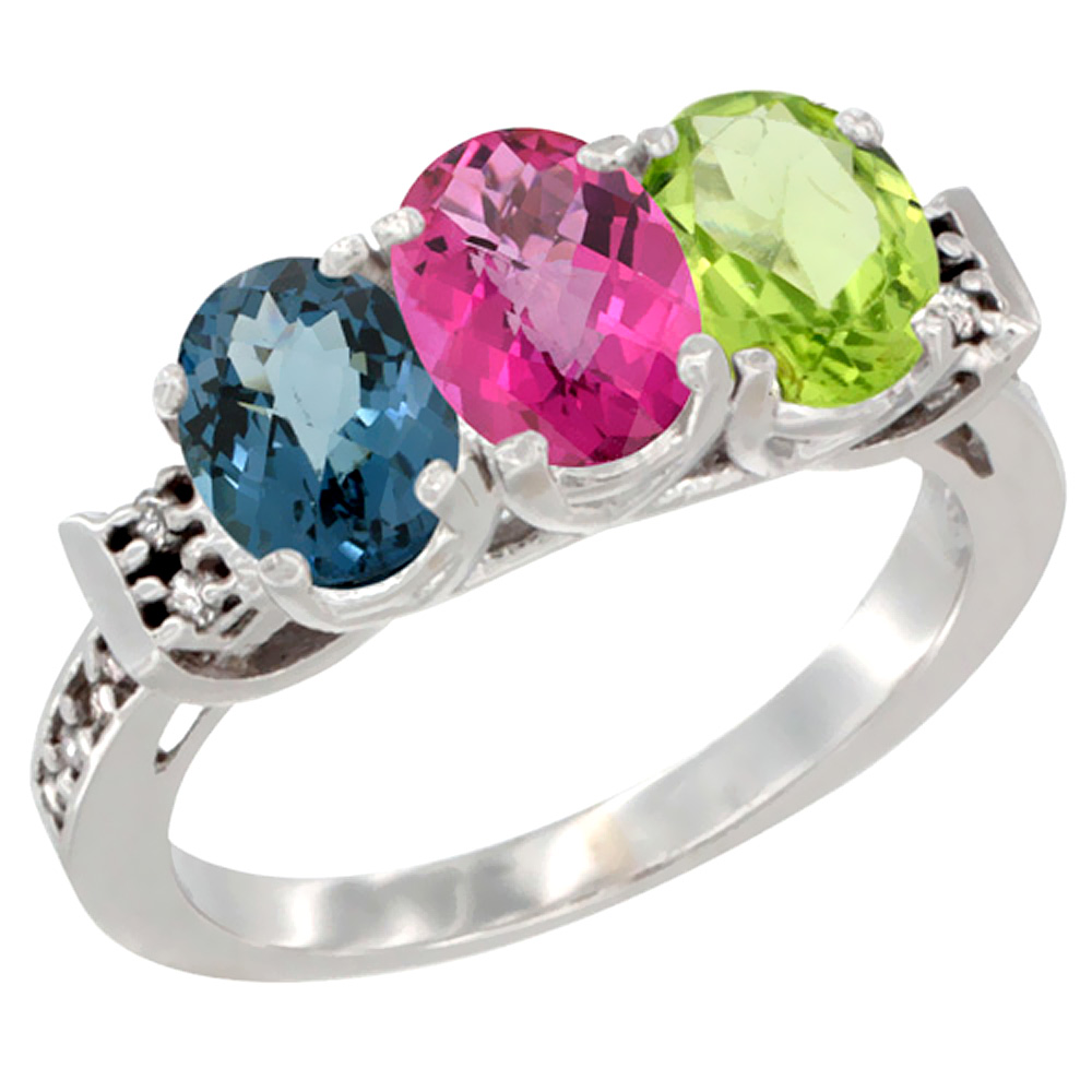 14K White Gold Natural London Blue Topaz, Pink Topaz & Peridot Ring 3-Stone 7x5 mm Oval Diamond Accent, sizes 5 - 10