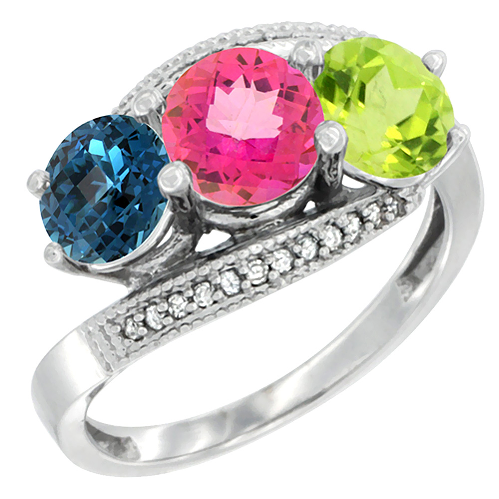 14K White Gold Natural London Blue Topaz, Pink Topaz & Peridot 3 stone Ring Round 6mm Diamond Accent, sizes 5 - 10