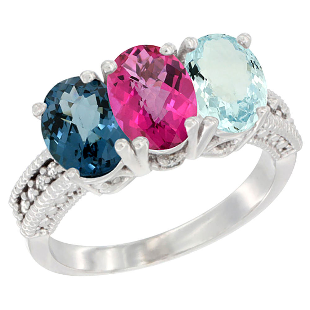 10K White Gold Natural London Blue Topaz, Pink Topaz &amp; Aquamarine Ring 3-Stone Oval 7x5 mm Diamond Accent, sizes 5 - 10