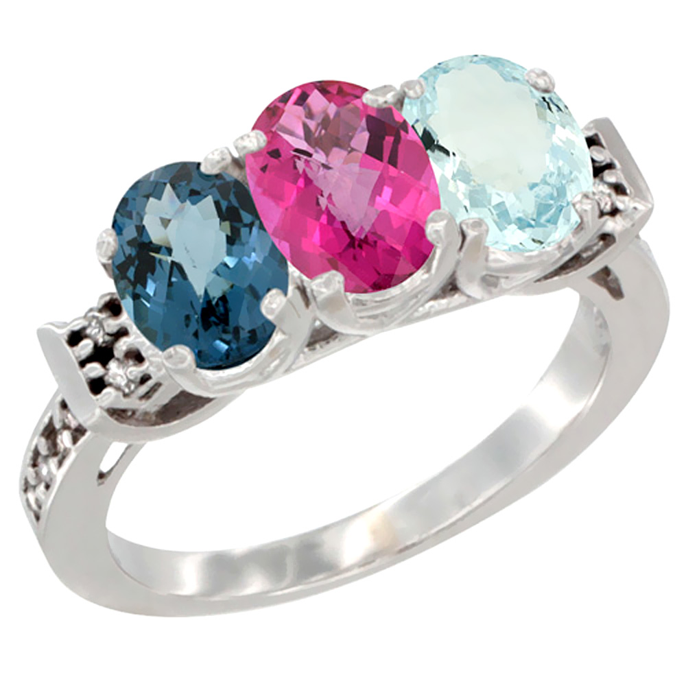 10K White Gold Natural London Blue Topaz, Pink Topaz &amp; Aquamarine Ring 3-Stone Oval 7x5 mm Diamond Accent, sizes 5 - 10