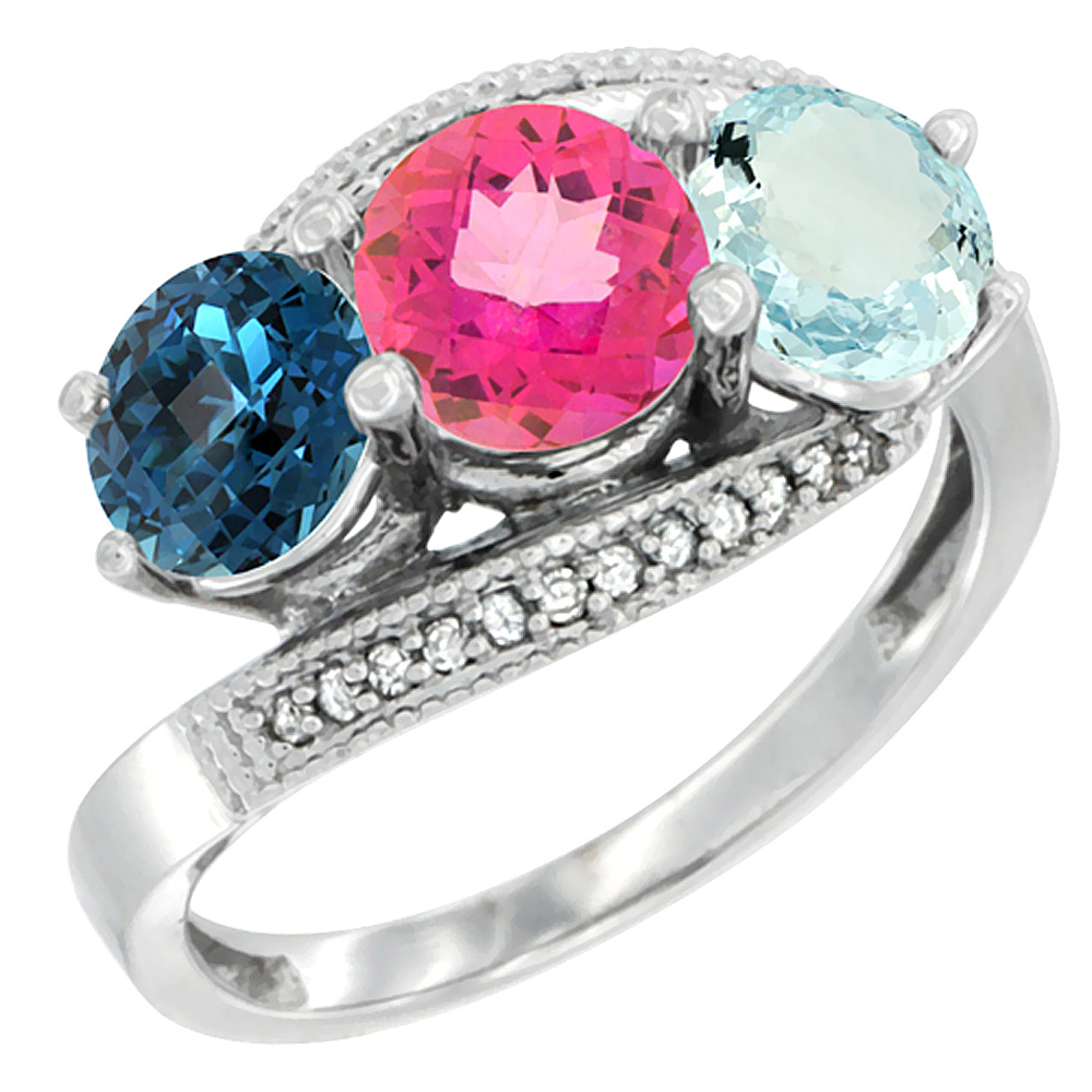 14K White Gold Natural London Blue Topaz, Pink Topaz &amp; Aquamarine 3 stone Ring Round 6mm Diamond Accent, sizes 5 - 10