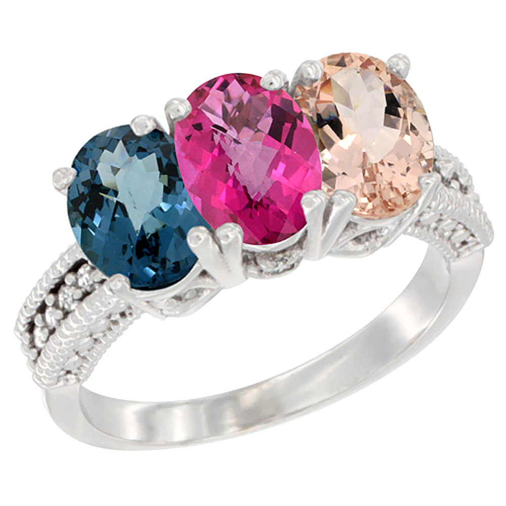 10K White Gold Natural London Blue Topaz, Pink Topaz & Morganite Ring 3-Stone Oval 7x5 mm Diamond Accent, sizes 5 - 10