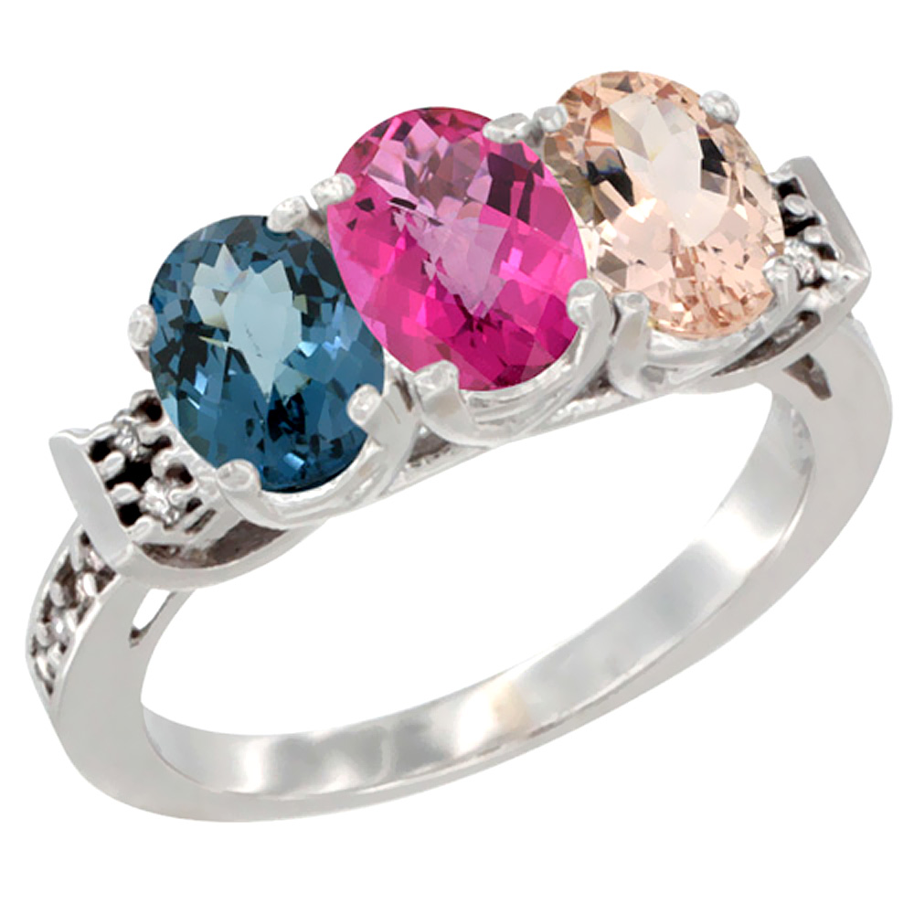 10K White Gold Natural London Blue Topaz, Pink Topaz & Morganite Ring 3-Stone Oval 7x5 mm Diamond Accent, sizes 5 - 10