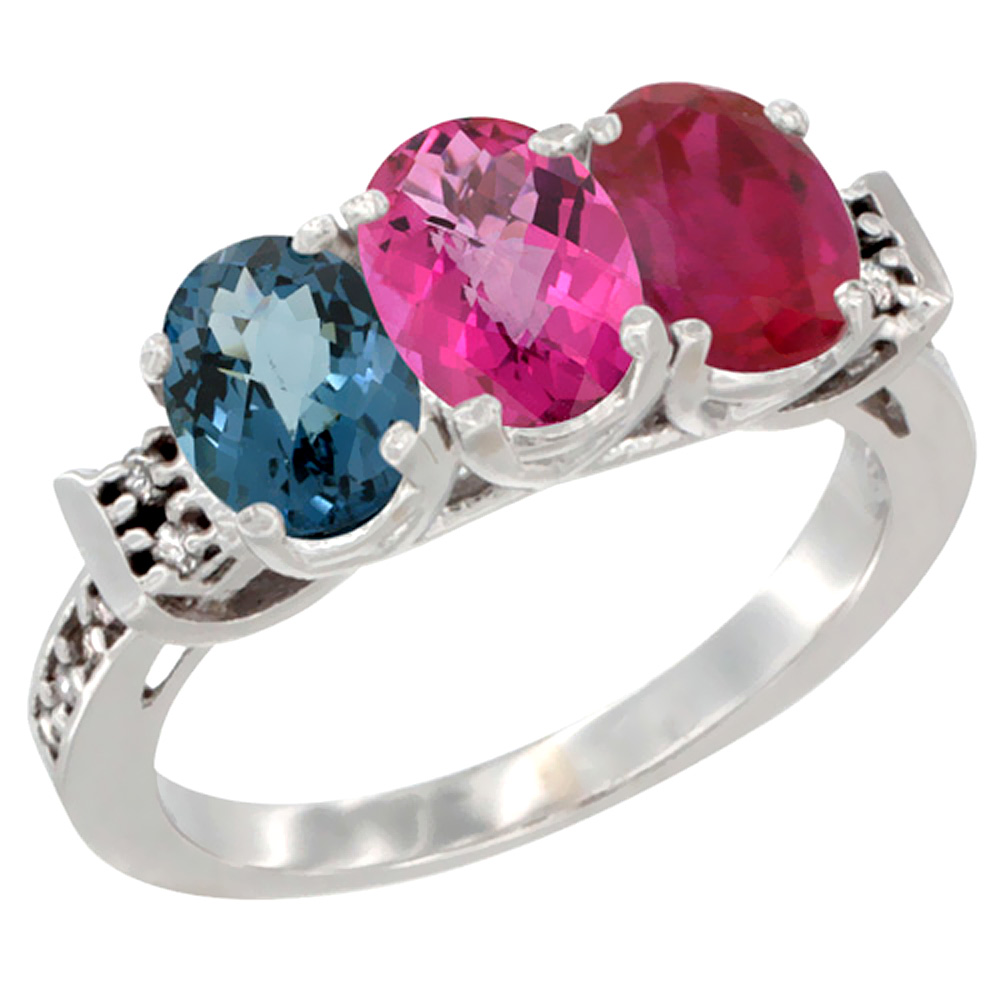 14K White Gold Natural London Blue Topaz, Pink Topaz &amp; Enhanced Ruby Ring 3-Stone 7x5 mm Oval Diamond Accent, sizes 5 - 10