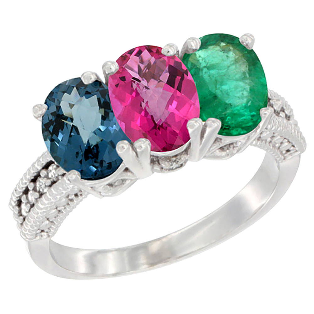 14K White Gold Natural London Blue Topaz, Pink Topaz & Emerald Ring 3-Stone 7x5 mm Oval Diamond Accent, sizes 5 - 10